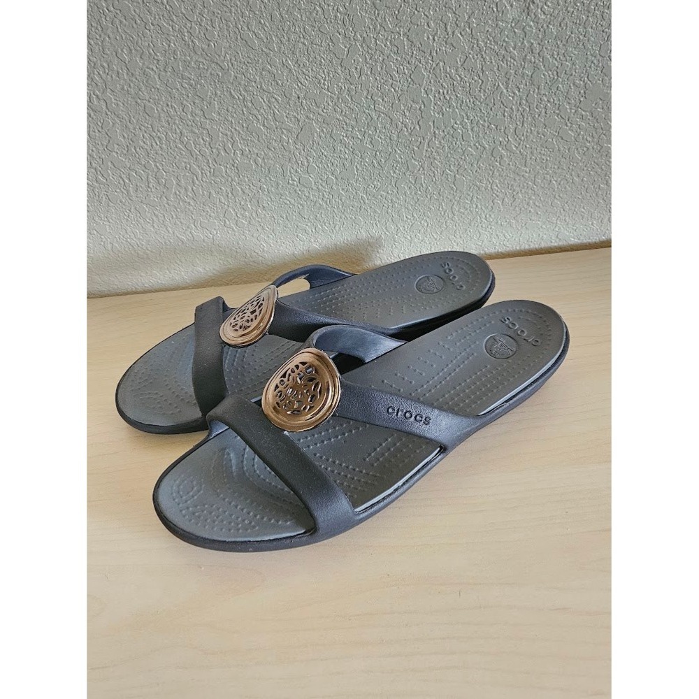 CROCS Sanrah Circle Sandals Women Size 11 Brown Gold Accent Slip On Comfort Shoe - Picture 4 of 6